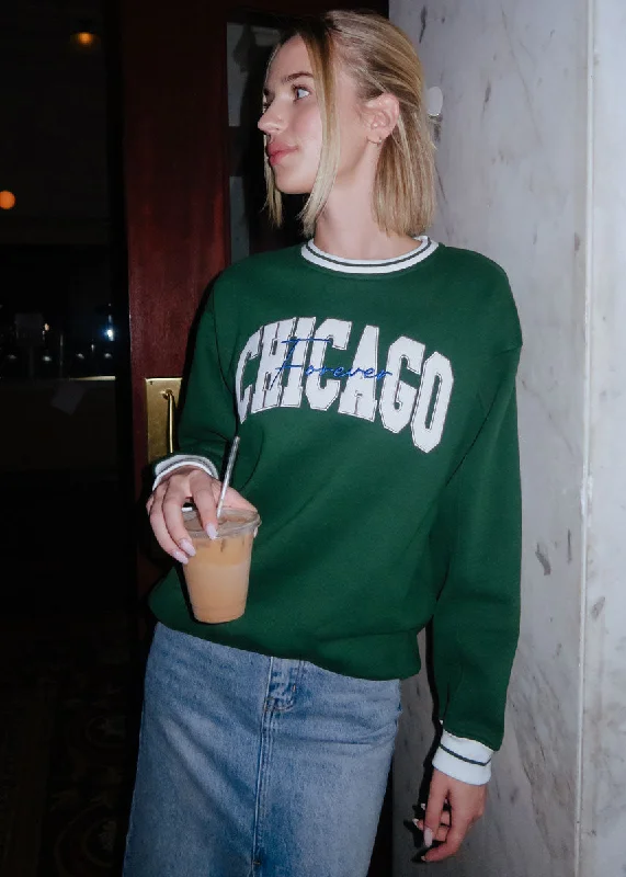 Women's Sweatshirts with Layered Look for Fall -Chicago Forever Embroidered Crew - Green Women's Sweatshirts with Layered Look for Fall -Chicago Forever Embroidered Crew - Green