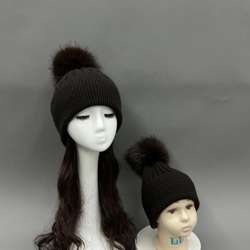 Lightweight Women's Knit Sweater -Chocolate Faux Fur Bobble Hat
