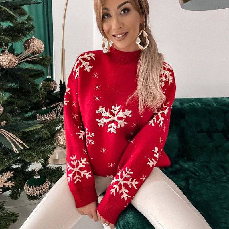 Women's Wool Pullover Sweater for Street Fashion Style-Christmas Fluffy Snowflake Print High Neck Pullover Sweater Women's Wool Pullover Sweater for Street Fashion Style-Christmas Fluffy Snowflake Print High Neck Pullover Sweater