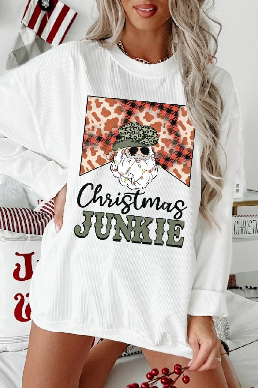 Women's Casual Sweatshirts for Everyday Wear -"Christmas Junkie" Corded Graphic Crewneck (White) - Print On Demand Women's Casual Sweatshirts for Everyday Wear -"Christmas Junkie" Corded Graphic Crewneck (White) - Print On Demand