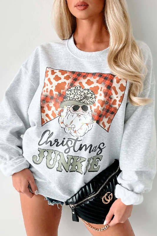 Women's Sweatshirts for Yoga and Pilates -"Christmas Junkie" Graphic Crewneck (Ash Grey) - Print On Demand