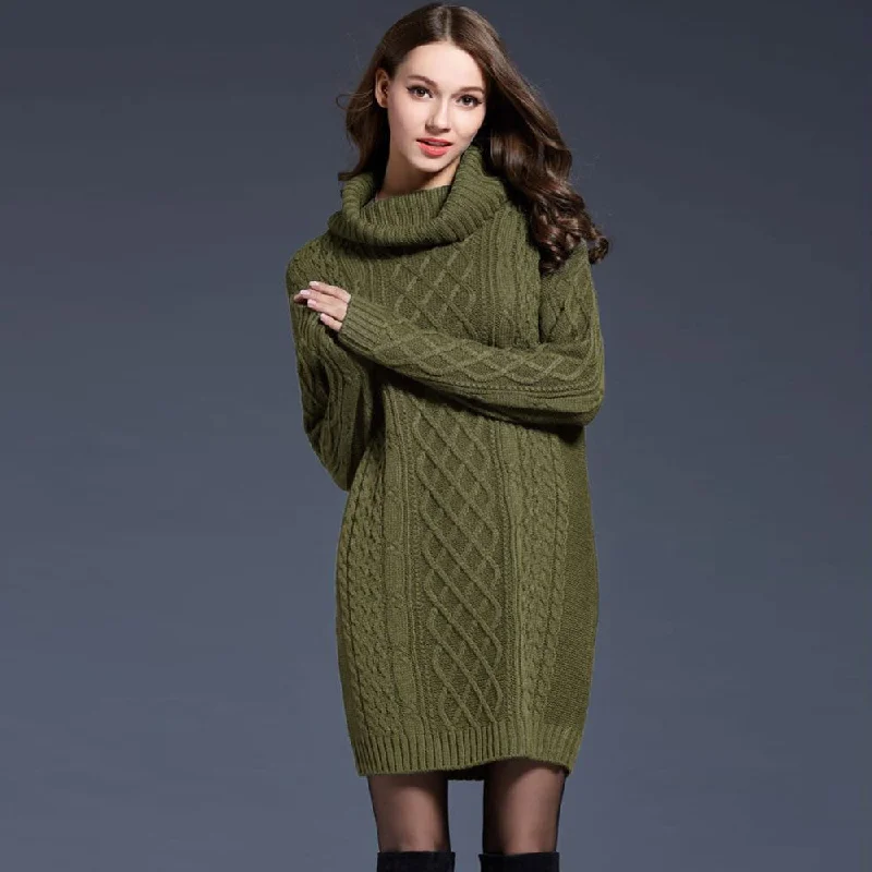 Women's Sweaterdress with Balloon Sleeves -Chunky Cowl Neck Drop Shoulder Fisherman Cable Knit Mini Sweater Dress Women's Sweaterdress with Balloon Sleeves -Chunky Cowl Neck Drop Shoulder Fisherman Cable Knit Mini Sweater Dress