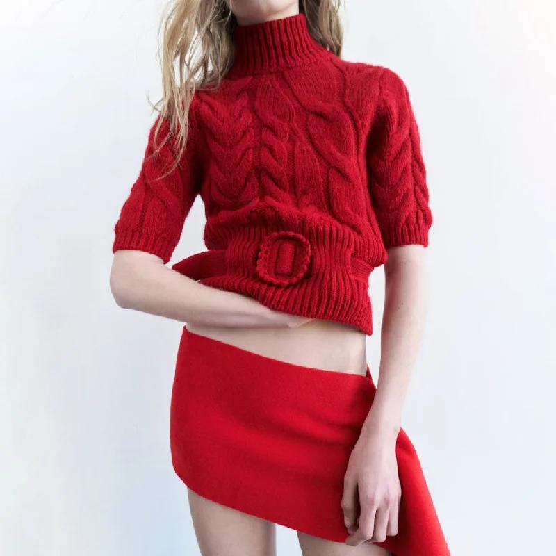 Women's Pullovers Sweater for Cold Days-Classic High Neck Half Sleeve Belted Chunky Cable Knit Pullover Sweater