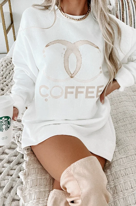 Women's Sweatshirts for Quick Outfits -Coffee Addict Graphic Crewneck (White) - Print On Demand Women's Sweatshirts for Quick Outfits -Coffee Addict Graphic Crewneck (White) - Print On Demand