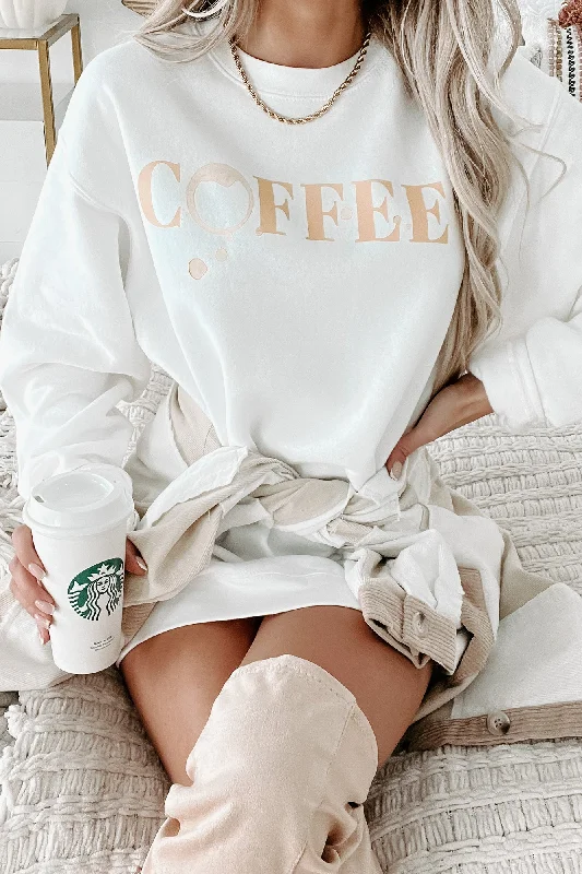 Women's Sweatshirts with Modern Prints -Coffee Helps Graphic - Multiple Shirt Options (White) - Print On Demand Women's Sweatshirts with Modern Prints -Coffee Helps Graphic - Multiple Shirt Options (White) - Print On Demand