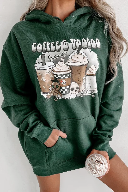 Women's Sweatshirts with Ribbed Cuffs and Hem -"Coffee & Voodoo" Graphic Hoodie (Alpine Green) - Print On Demand