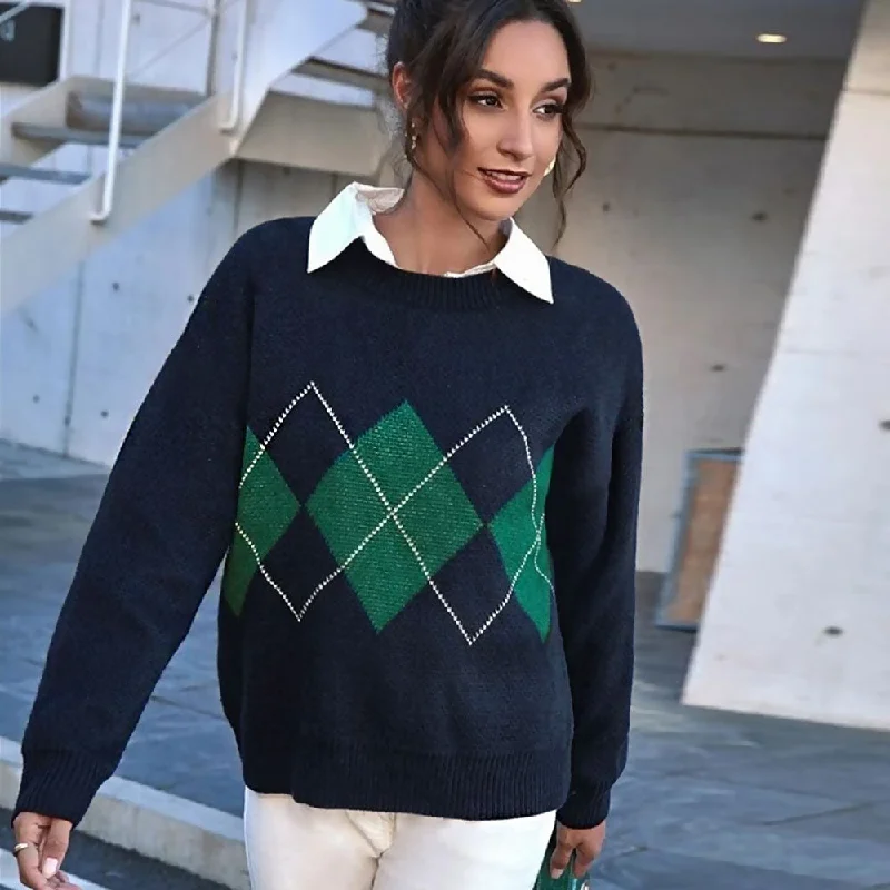 Women's Trendy Knit Pullover Sweater with Sleeve Detail-College Style Navy Blue Color Block Oversized Pullover Argyle Sweater