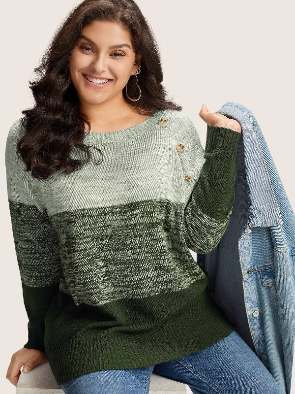 Women's Relaxed Fit Knit Pullovers Sweater-Colorblock Contrast Heather Button Detail Pullover