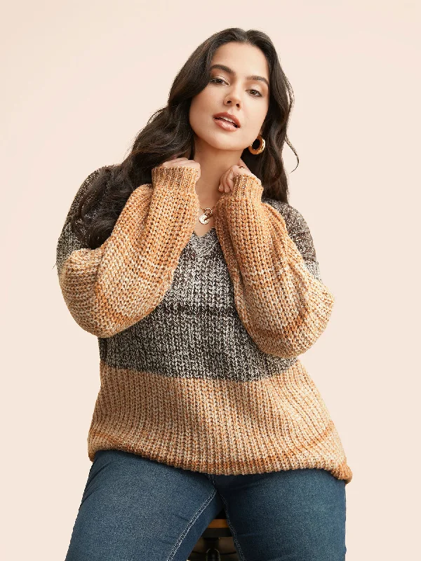 Women's Casual Knitted Pullover Sweater for Relaxation-Colorblock Contrast Puff Sleeve Pullover