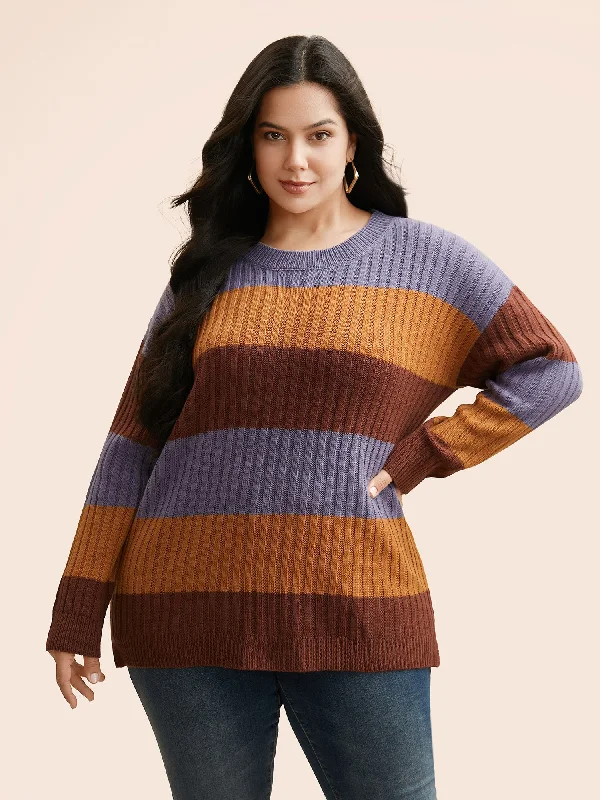 Women's Relaxed Wool Pullovers Sweater-Colorblock Contrast Split Hem Pullover