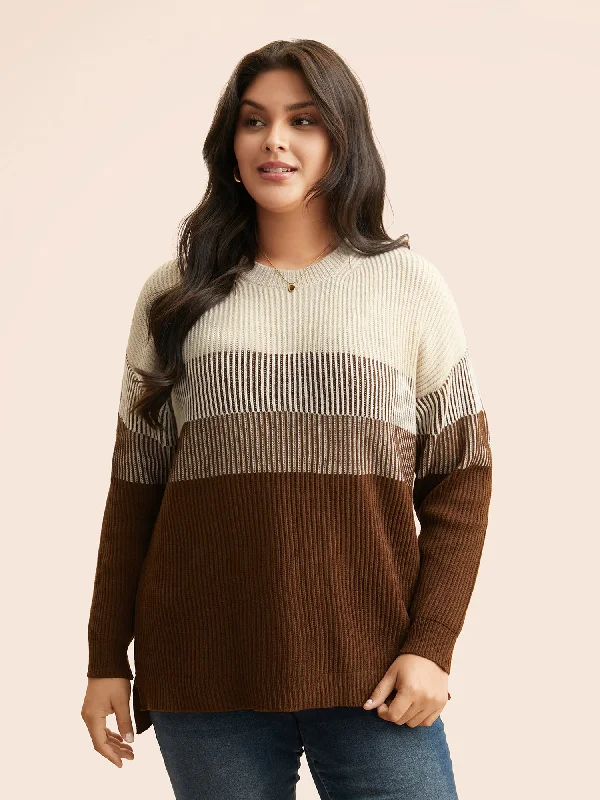 Women's Pullovers Sweater with Buttoned Design-Colorblock Contrast Texture Slit Hem Pullover
