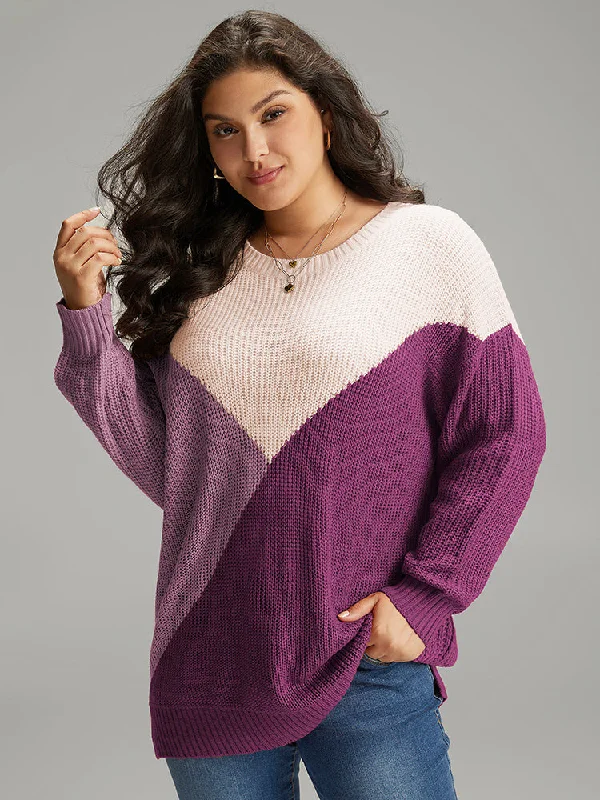 Women's Cozy Pullovers Sweater for Cold Days-Colorblock Split Side Drop Shoulder Pullover Women's Cozy Pullovers Sweater for Cold Days-Colorblock Split Side Drop Shoulder Pullover