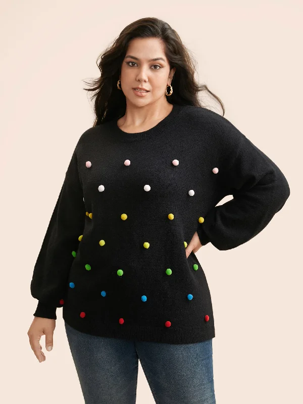 Women's Pullovers Sweater for Winter Fashion-Colored Fluffy Ball Drop Shoulder Pullover