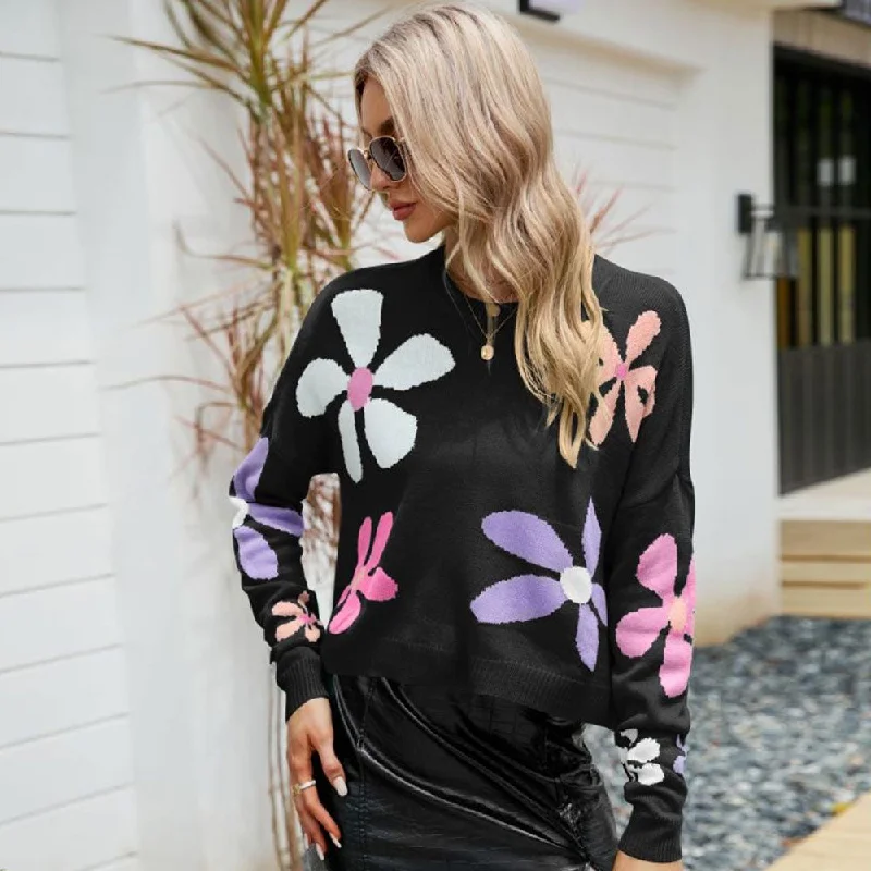 Women's Wool Pullovers Sweater with V-neck for Relaxed Fit-Colorful Daisy Floral Print Crew Neck Oversized Pullover Sweater