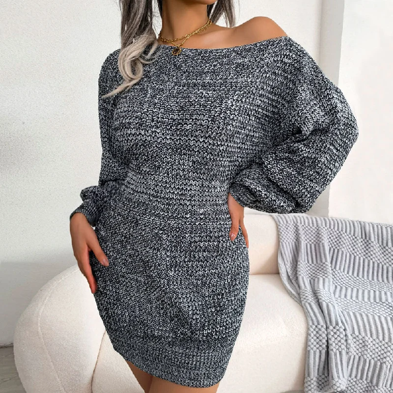 Women's Sweaterdress for Chic Look -Comfy Boat Neck Bishop Sleeve Marl Knit Mini Sweater Dress Women's Sweaterdress for Chic Look -Comfy Boat Neck Bishop Sleeve Marl Knit Mini Sweater Dress