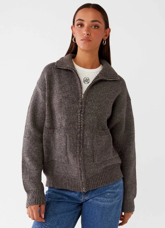 Knit Tops for Layering Over Dresses-Common Ground Oversized Zip Cardigan - Charcoal