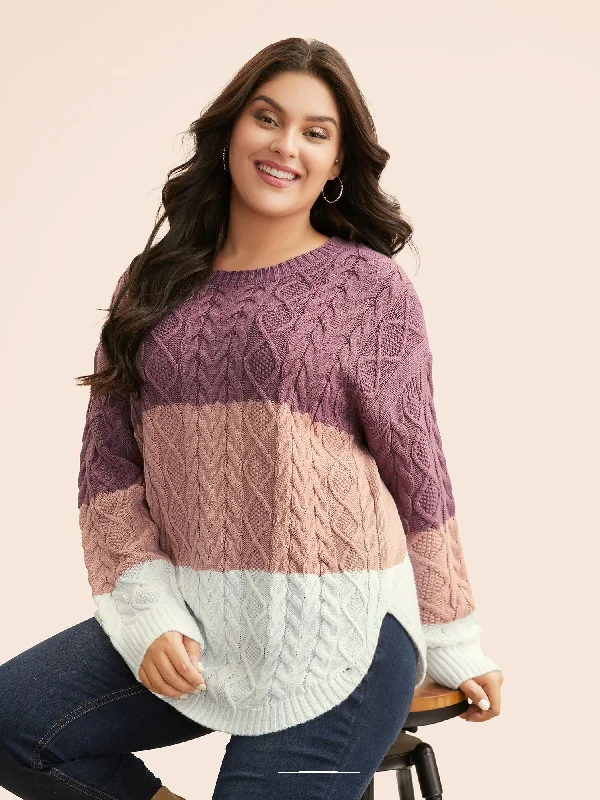 Women's Lightweight Pullovers Sweater for Work-Contrast Cable Knit Arc Hem Pullover