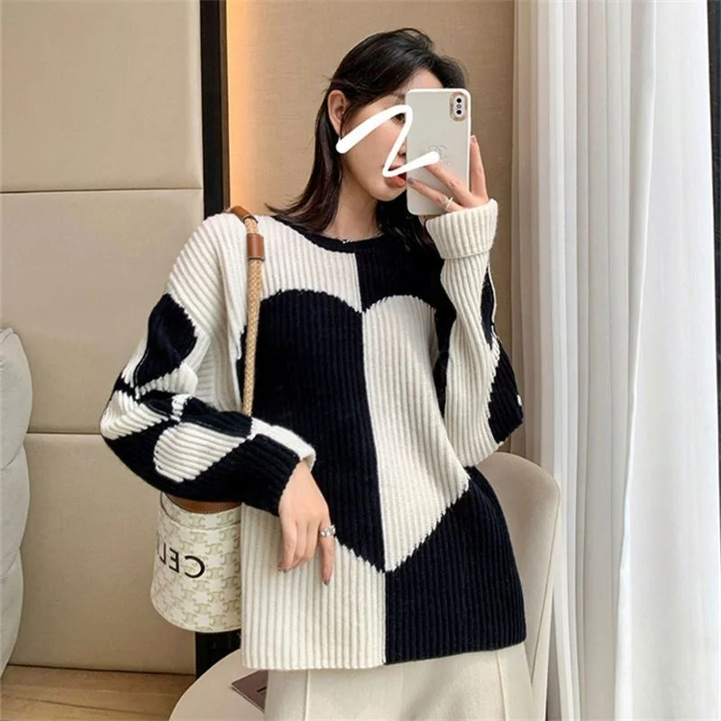 Women's Simple Wool Knit Pullover Sweater for Casual Wear-Contrast Color Round Neck Sweater Women's Sense Loose-Fitting Outerwear Top Western Style Love Base Pullover Women's Simple Wool Knit Pullover Sweater for Casual Wear-Contrast Color Round Neck Sweater Women's Sense Loose-Fitting Outerwear Top Western Style Love Base Pullover