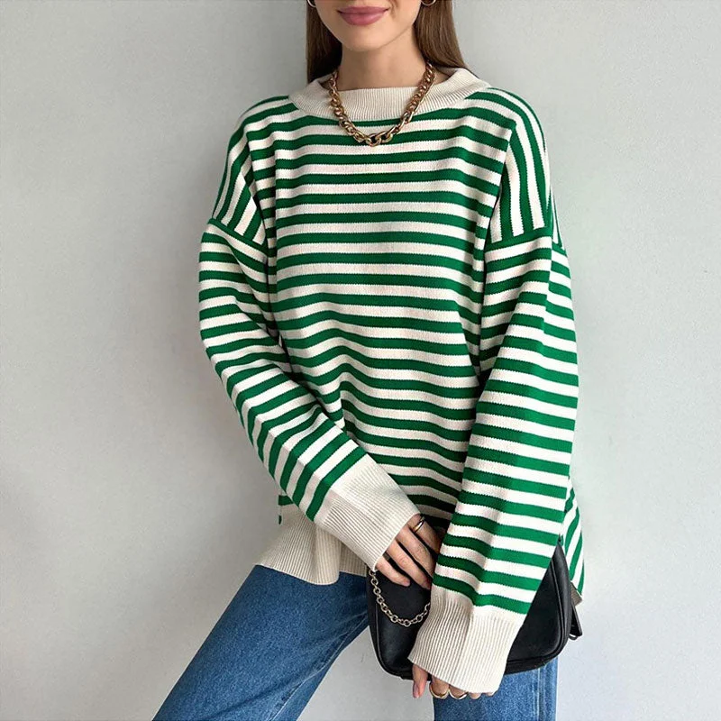 Women's Elegant Wool Knit Pullover Sweater for Special Occasions-Contrast Crew Neck Oversized Pullover Green And White Sweater Women's Elegant Wool Knit Pullover Sweater for Special Occasions-Contrast Crew Neck Oversized Pullover Green And White Sweater