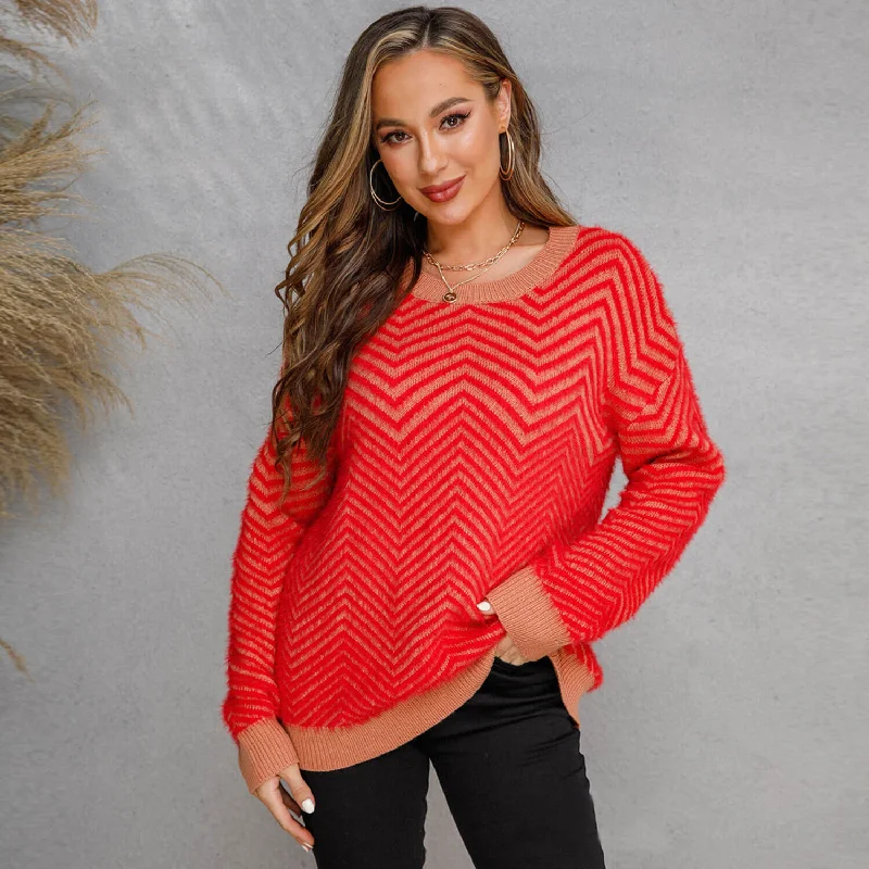 Women's Wool Knit Pullovers Sweater with Unique Design-Contrast Crew Neck Pullover Eyelash Chevron Knit Sweater