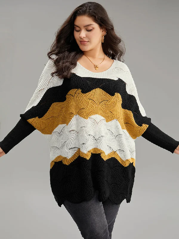 Women's Cardigan-style Pullovers Sweater-Contrast Cut Out Batwing Sleeve Pullover