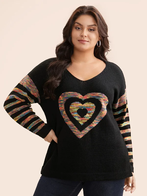 Women's Warm Wool Pullovers Sweater-Contrast Heart Jacquard Drop Shoulder Pullover