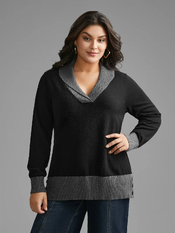 Women's Lightweight Cardigan Pullovers Sweater-Contrast Overlap Collar Button Detail Pullover Women's Lightweight Cardigan Pullovers Sweater-Contrast Overlap Collar Button Detail Pullover