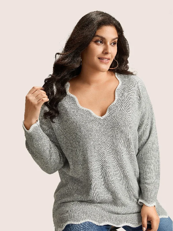 Women's Chunky Knit Wool Pullover Sweater-Contrast Split Side Scalloped Trim Pullover Women's Chunky Knit Wool Pullover Sweater-Contrast Split Side Scalloped Trim Pullover