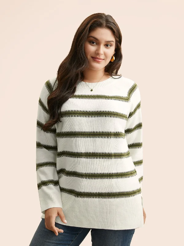 Women's Soft Wool Knit Pullover Sweater for Layering-Contrast Striped Raglan Sleeve Slit Hem Pullover
