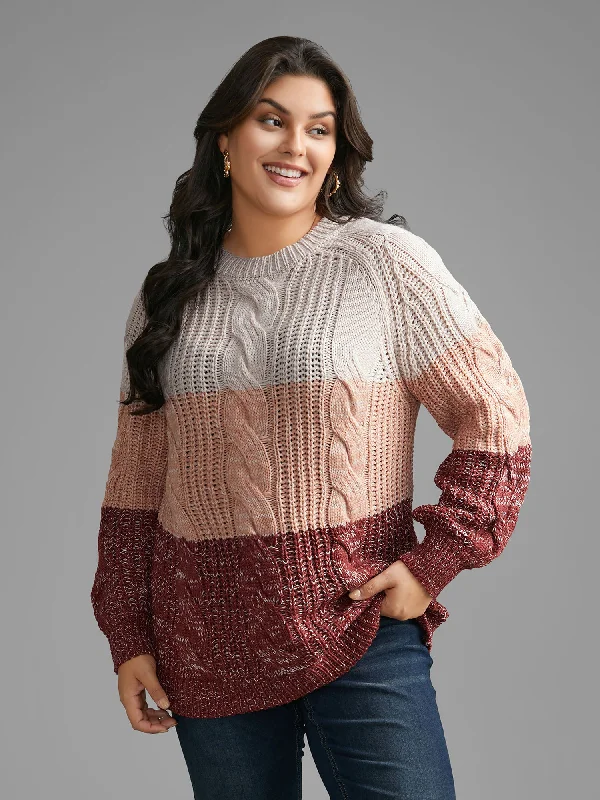 Women's Pullovers Sweater for Streetwear-Contrast Textured Cable Knit Pullover