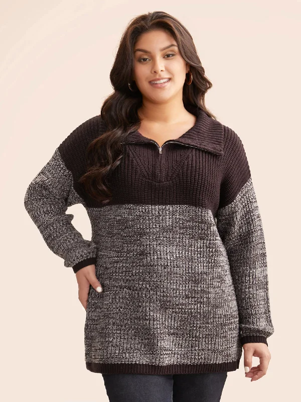Women's Pullovers Sweater with Wide Ribbing-Contrast Textured Half Zip Pullover
