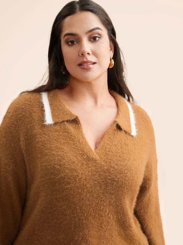 Women's Lightweight Wool Pullovers Sweater for Fall-Contrast Trim Polo Neck Fluffy Pullover Women's Lightweight Wool Pullovers Sweater for Fall-Contrast Trim Polo Neck Fluffy Pullover