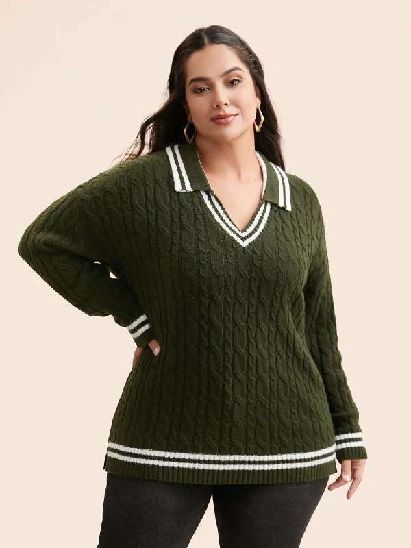 Women's Modern Wool Pullovers Sweater-Contrast Trim Split Hem Pullover
