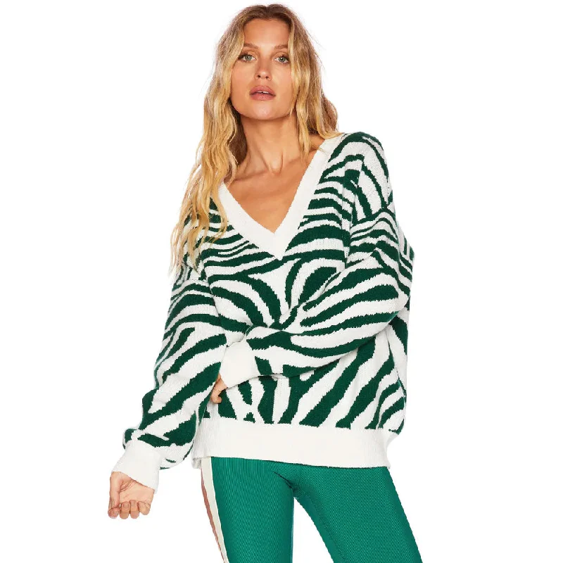 Women's Soft Wool Pullovers Sweater with Elegant Fit-Contrast Green Zebra Pattern V Neck Oversized Pullover Sweater