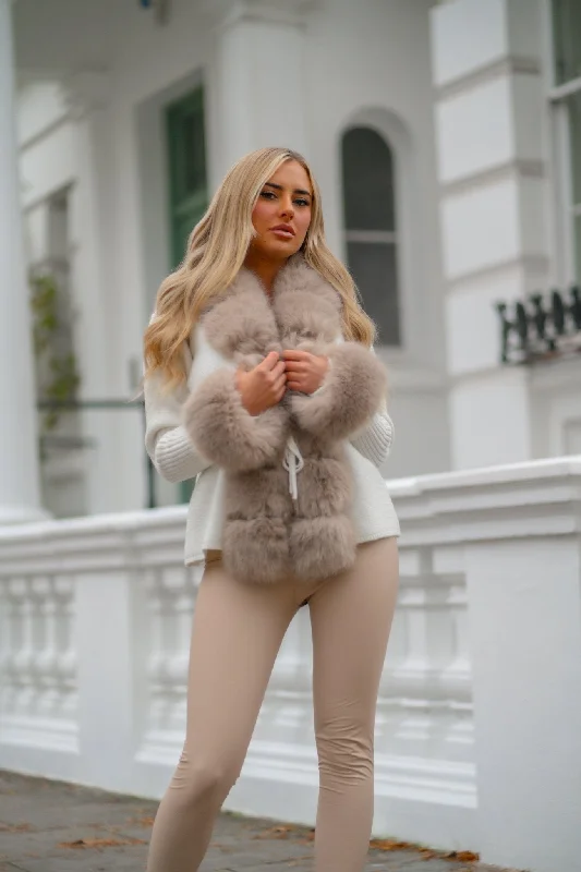 Women's Knit Sweater with Zipper -Cream And Beige Premium Faux Fur Trimmed Cardigan
