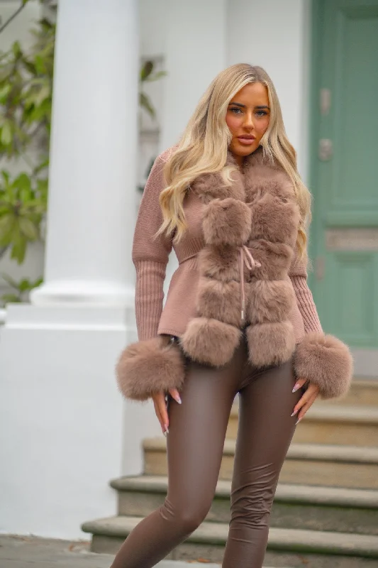 Women's Knit Tops with Pockets -Taupe Premium Faux Fur Trimmed Cardigan