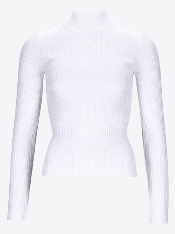 Knit Tops with Back Pleats-Mockneck rib knit sweater
