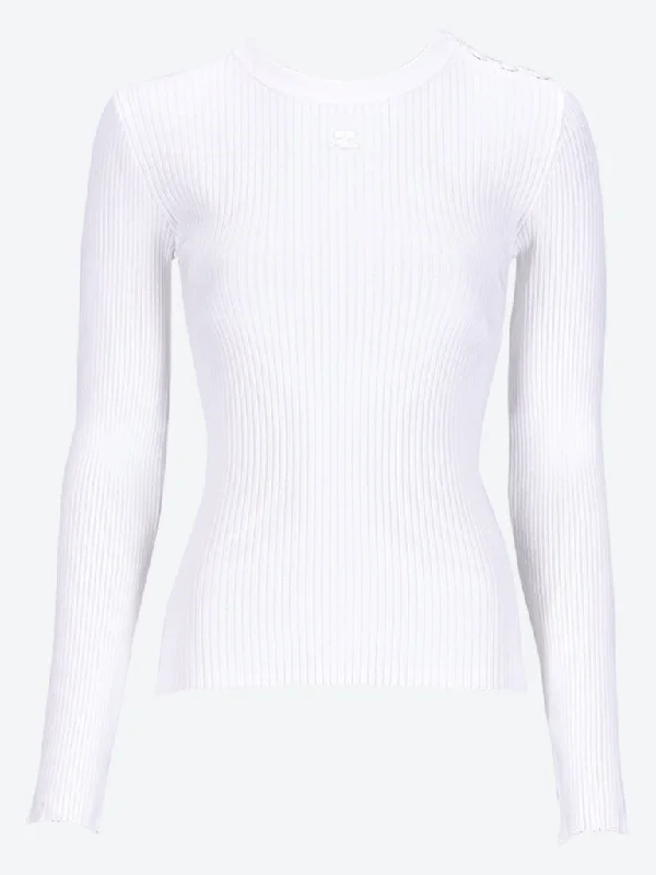 Knit Tops with Horizontal Stripes-Shoulder snaps rib knit sweater