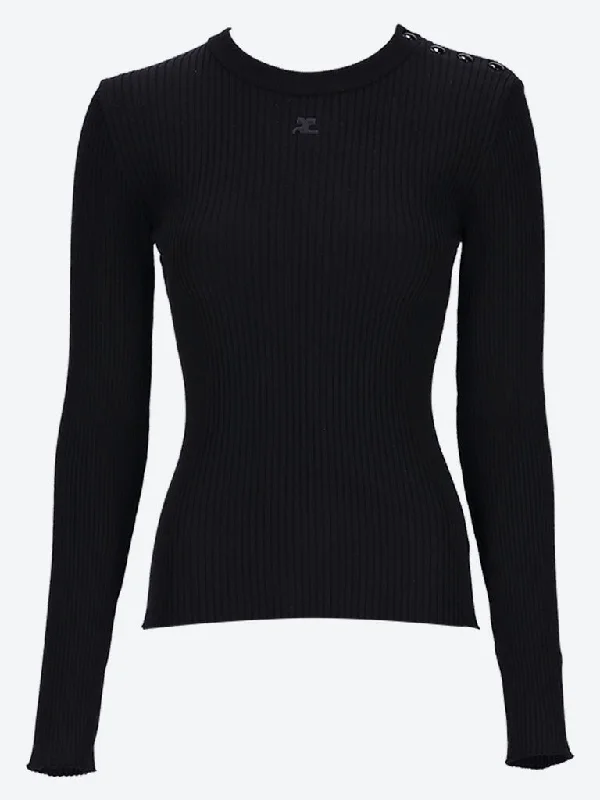 Knit Tops with Front Pocket-Shoulder snaps rib knit sweater
