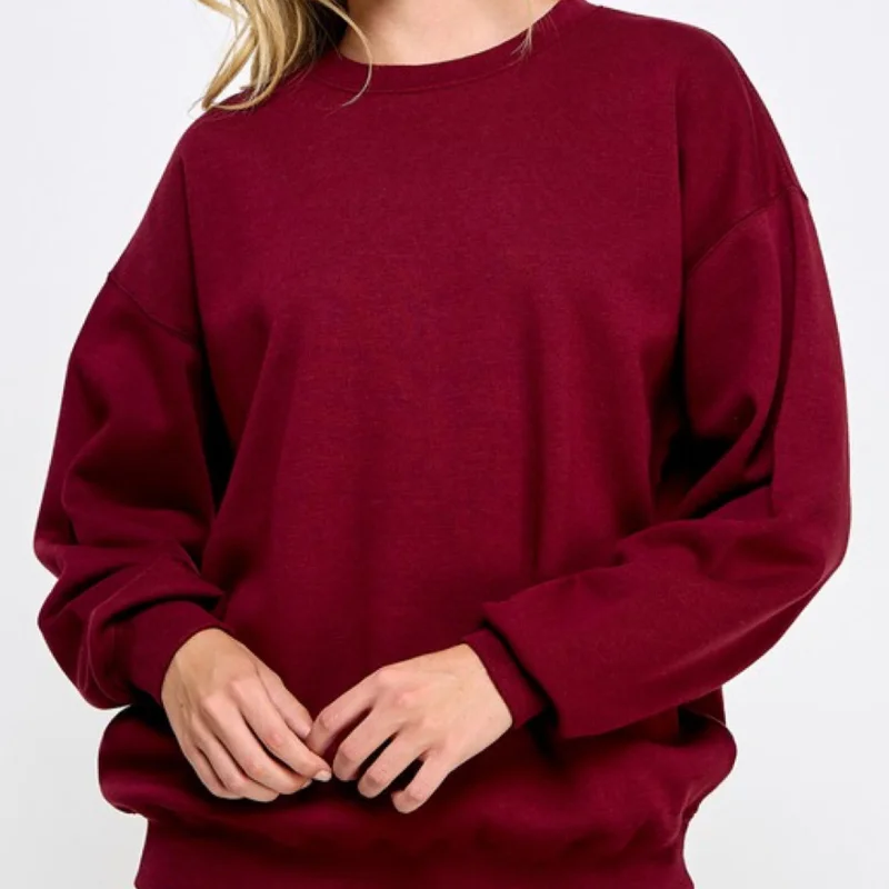 Women's Sweatshirts for Layering with Jackets -Cozy Day’s Crew Neck Oversized Sweatshirt Burgundy
