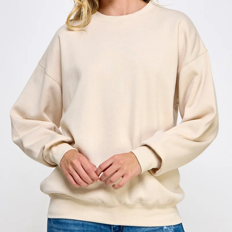 Women's Sweatshirts with Simple Designs -Cozy Day’s Crew Neck Oversized Sweatshirt Cream