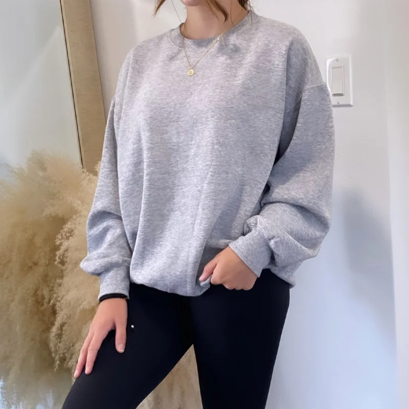 Women's Sweatshirts with Zippered Pockets -Cozy Day’s Crew Neck Oversized Sweatshirt Grey