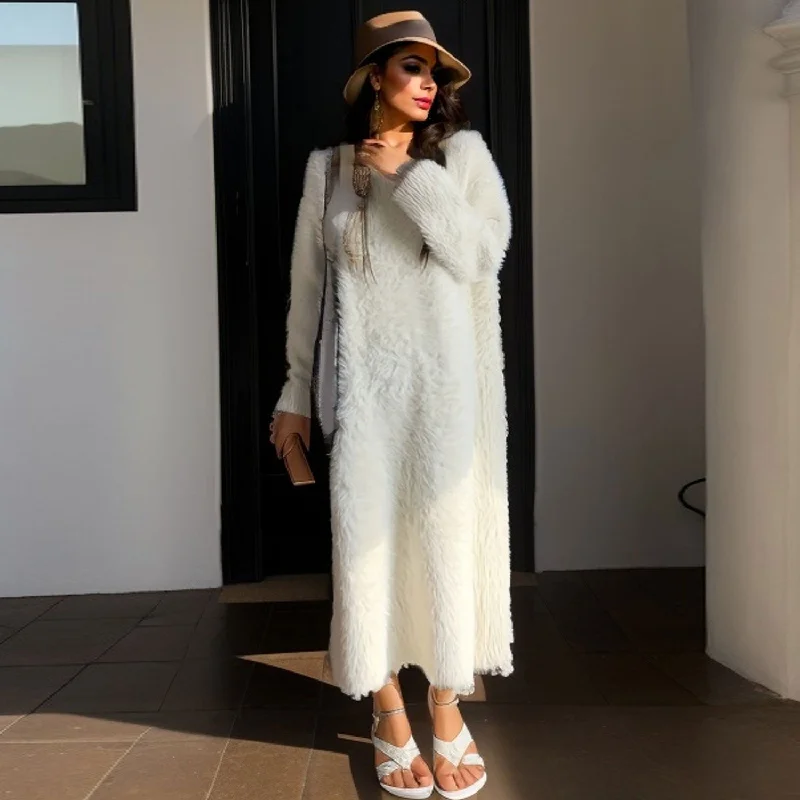 Elegant and Warm Women's Sweaterdress -Cozy Fluffy Solid Round Neck Long Sleeve Mohair Sweater Dress Elegant and Warm Women's Sweaterdress -Cozy Fluffy Solid Round Neck Long Sleeve Mohair Sweater Dress