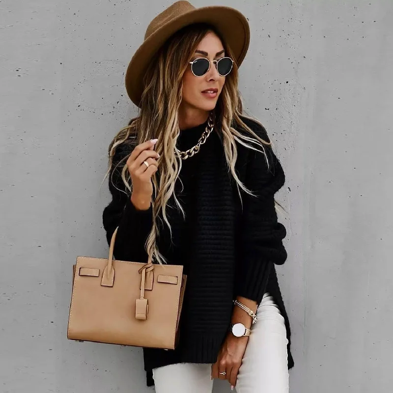 Women's Wool Pullovers Sweater-Cozy High Neck Balloon Sleeve Side Slit Chunky Knit Pullover Sweater Women's Wool Pullovers Sweater-Cozy High Neck Balloon Sleeve Side Slit Chunky Knit Pullover Sweater