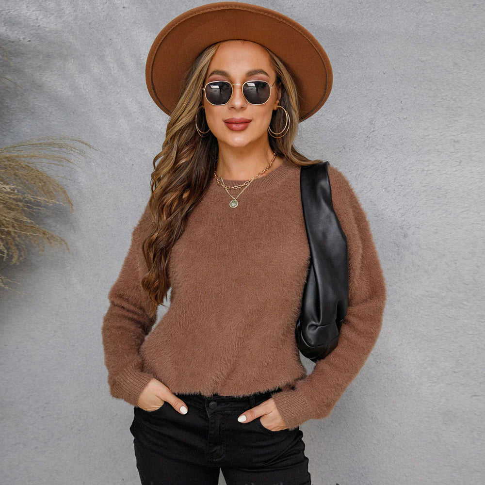 Women's Pullover Sweater with Cozy Ribbed Knit-Cozy Soft Crew Neck Drop Shoulder Eyelash Knit Pullover Mohair Sweater