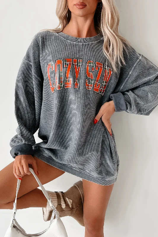 Women's Sweatshirts with Unique Prints -"Cozy Szn" Corded Graphic Crewneck (Charcoal) - Print On Demand