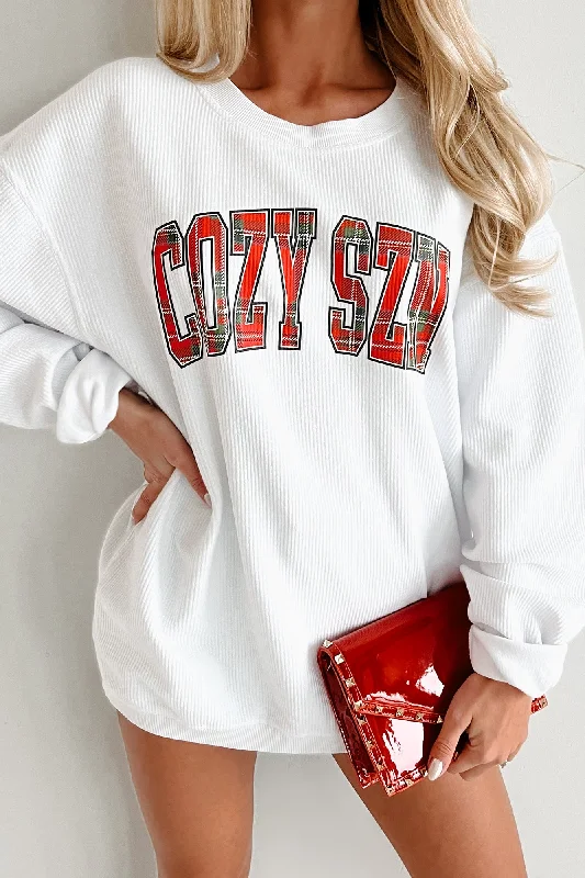 Women's Sweatshirts for Quick Workouts -"Cozy Szn" Corded Graphic Crewneck (White) - Print On Demand