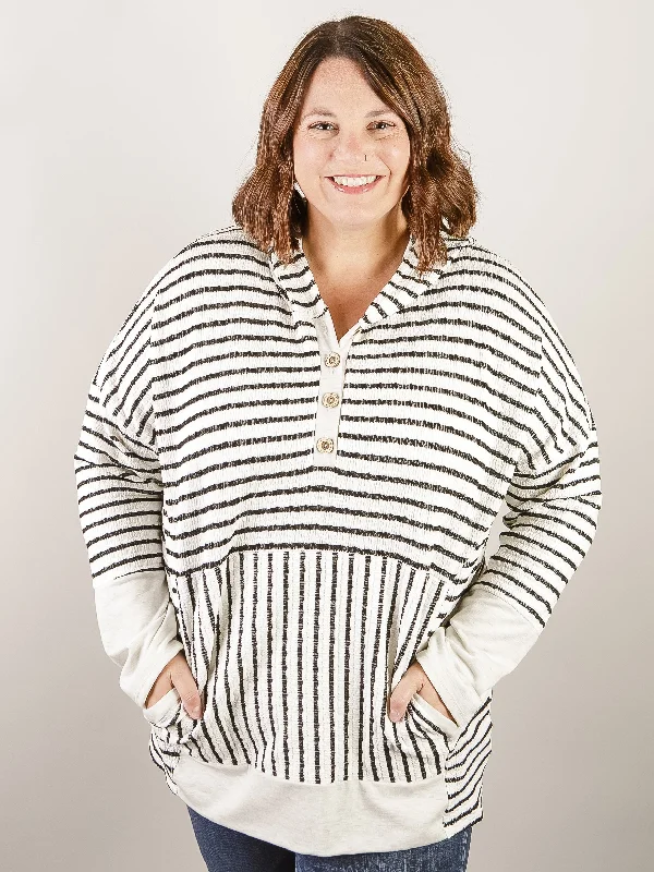 Women's Sweatshirts with Fun Text -Curvy Cream and Black Striped Hooded Top