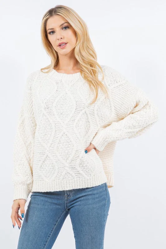 Women's Soft Wool Cashmere Blend Pullover Sweater-Ivory Cable Pullover