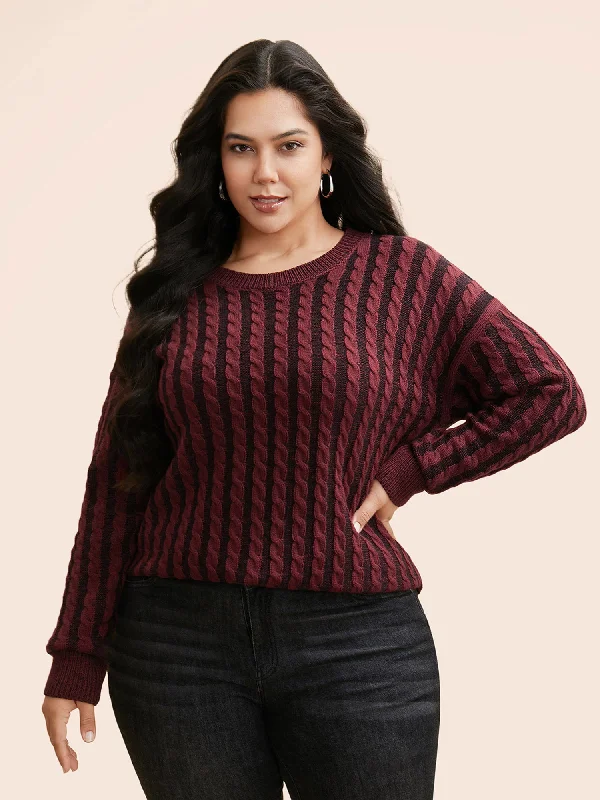 Women's Simple Wool Pullovers Sweater-Crew Neck Cable Knit Split Hem Pullover